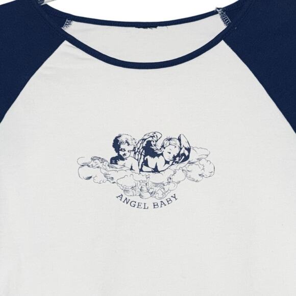 Y2K Crew Neck Long Sleeve Baby Tee Pullover Shirt White Navy Blue Medium - Picture 2 of 5